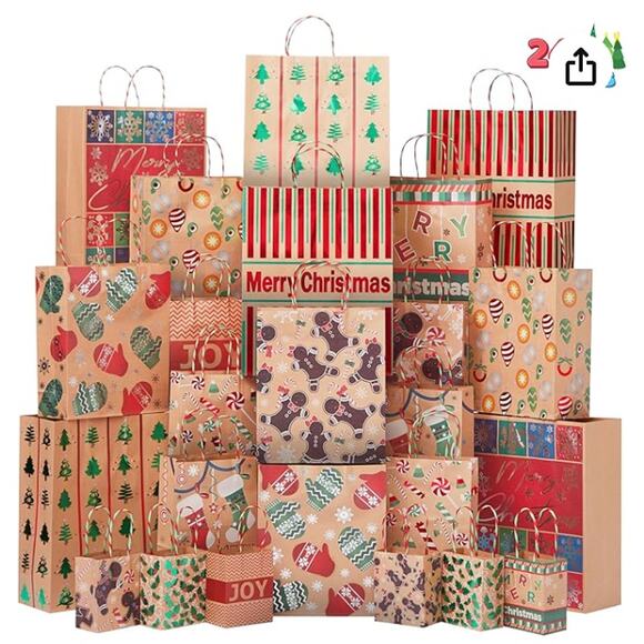 24 Christmas Foil Kraft Gift Bags Assorted Sizes with Twine Handles-24 Different - Picture 1 of 6